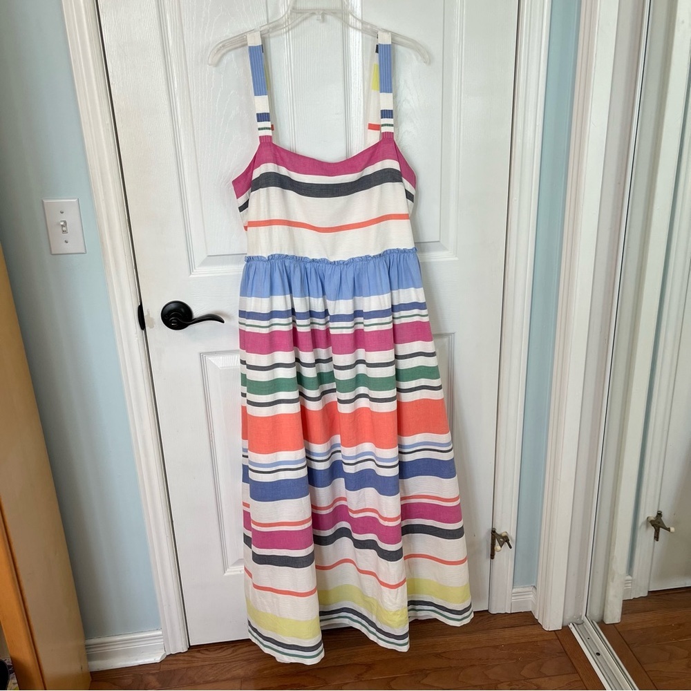 GAP White Rainbow Striped Cotton Square Neck Maxi Dress Women's Large Vacation - Picture 2 of 13